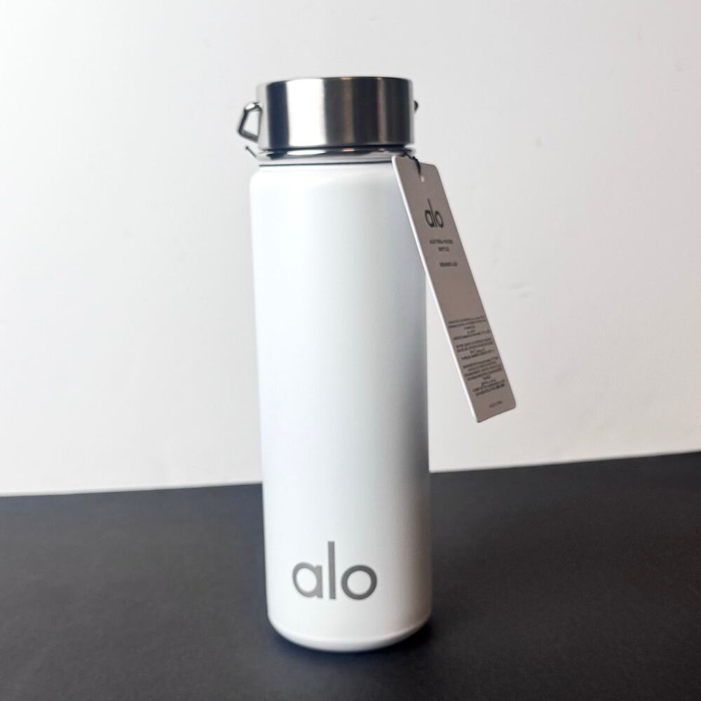 Alo Yoga 24 oz Stainless Steel Water Bottle White Silver Twist-Off Cap Handle